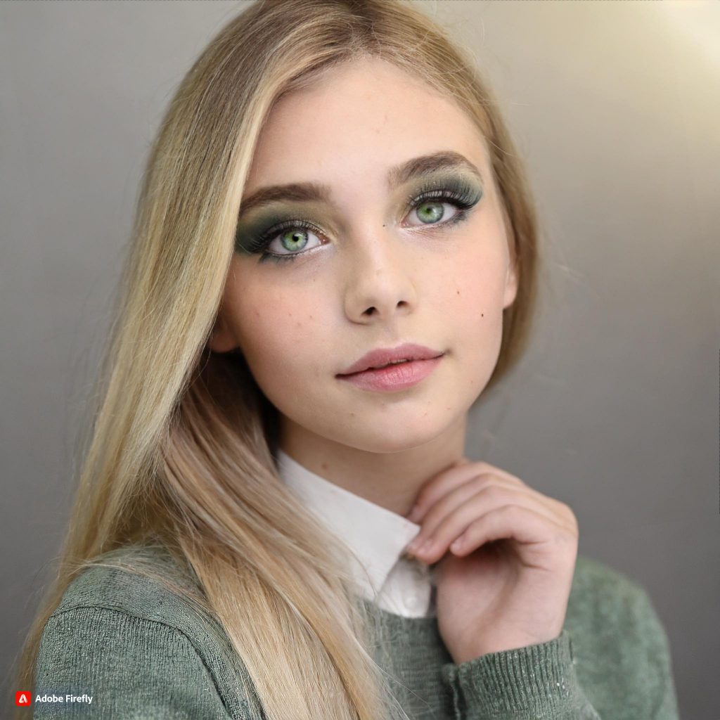 Firefly wygeneruj 17 letnią dziewczynę w makijażu z prostymi blond włosami za ramiona i z zielonymi